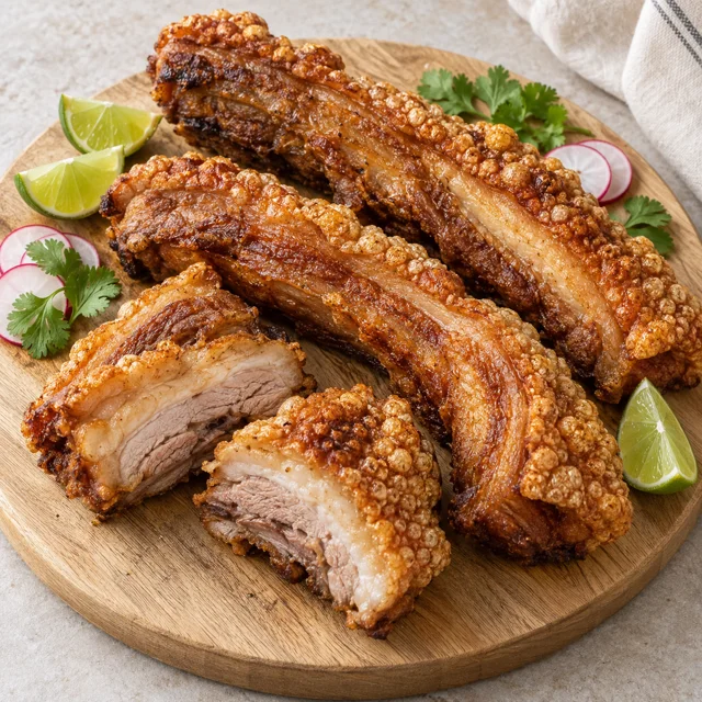 Pork belly strips with puffed crunchy skin on a wooden board with lime and radish